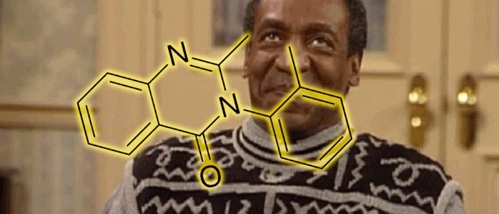 Bill Cosby behind a flashing methaqualone molecule