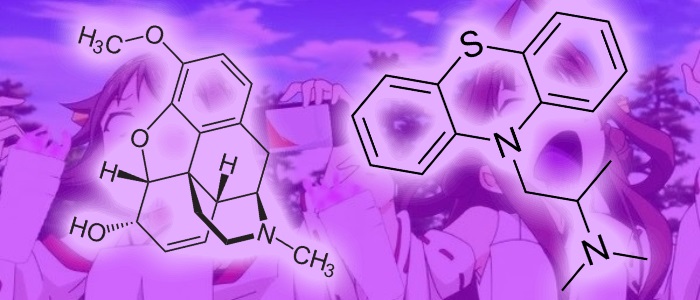 Anime girls in purple drank with codeine and promethazine molecules
